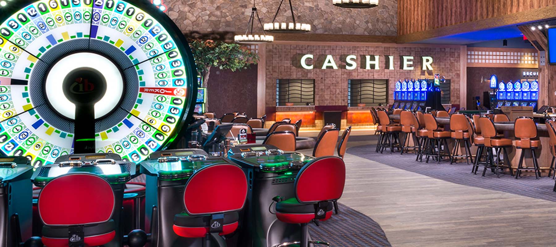 roulette wheel with cashier booth in the distance